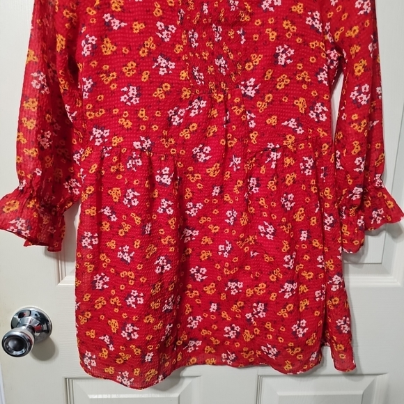 Free People Womens Red‎ Floral Chiffon Long Sleeve Mini A Line Dress Sz 0 EUC - Picture 3 of 16